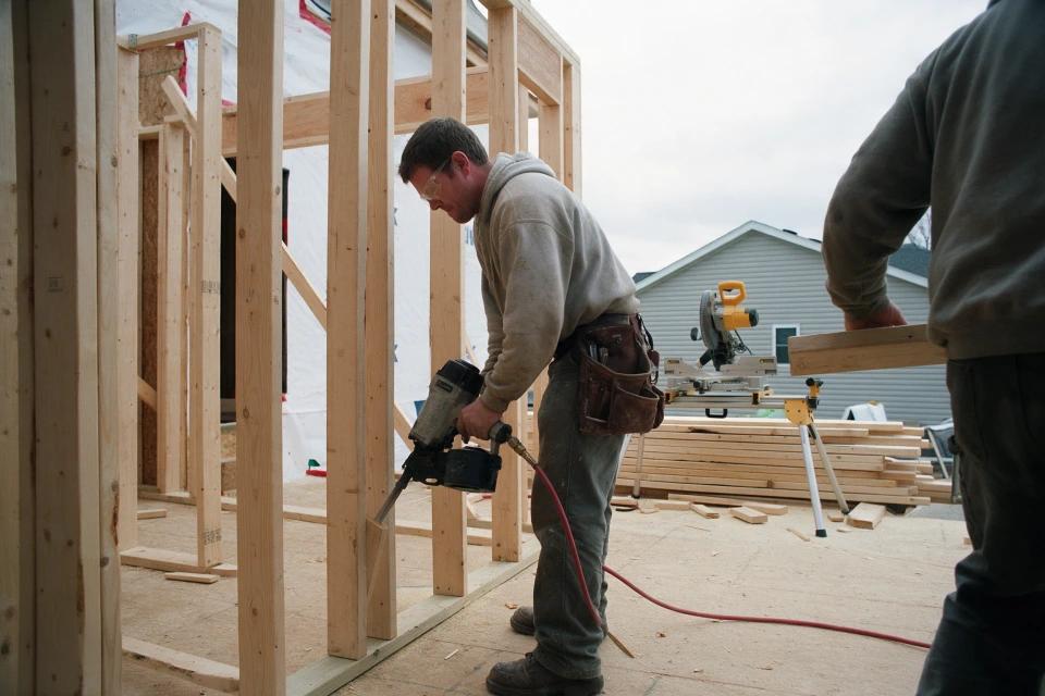 A carpenter nailing the stud wall of a house addition