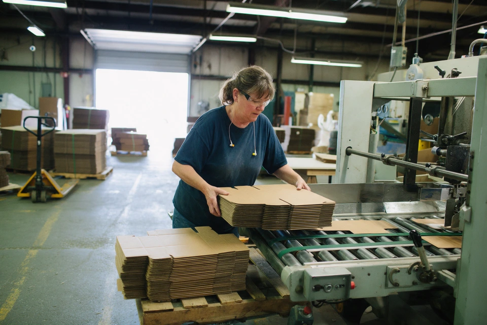 A worker feeding flat cardboard boxes into a machine in a small box plant