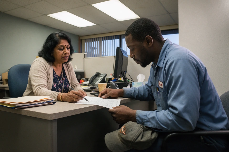 A bookkeeper going through a form with a client at her desk