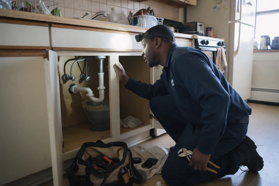 A plumber kneeling at the open cabinet under a kitchen sink, checking the pipes