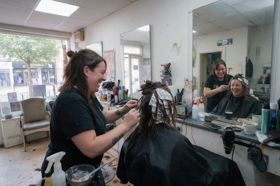 A hairdresser laughing with a client while putting foils in her hair