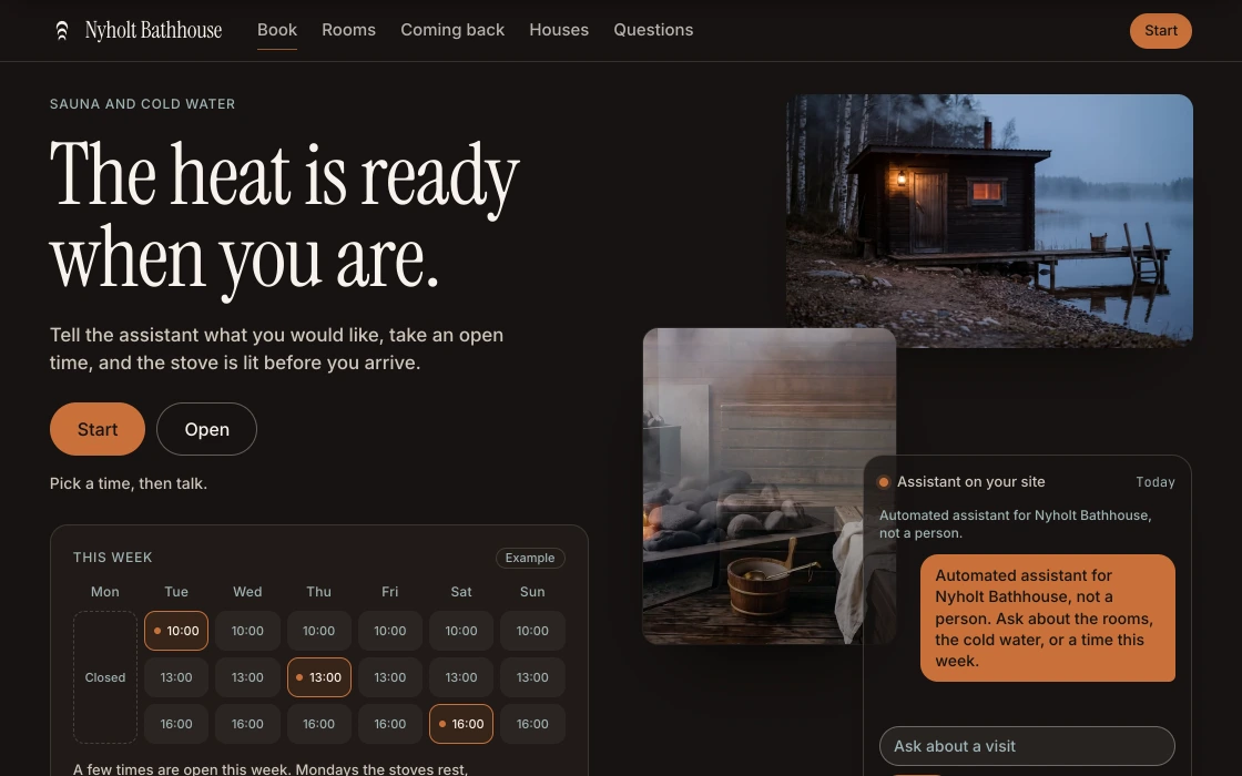 Example website for Nyholt Bathhouse, with its assistant and a week of open times