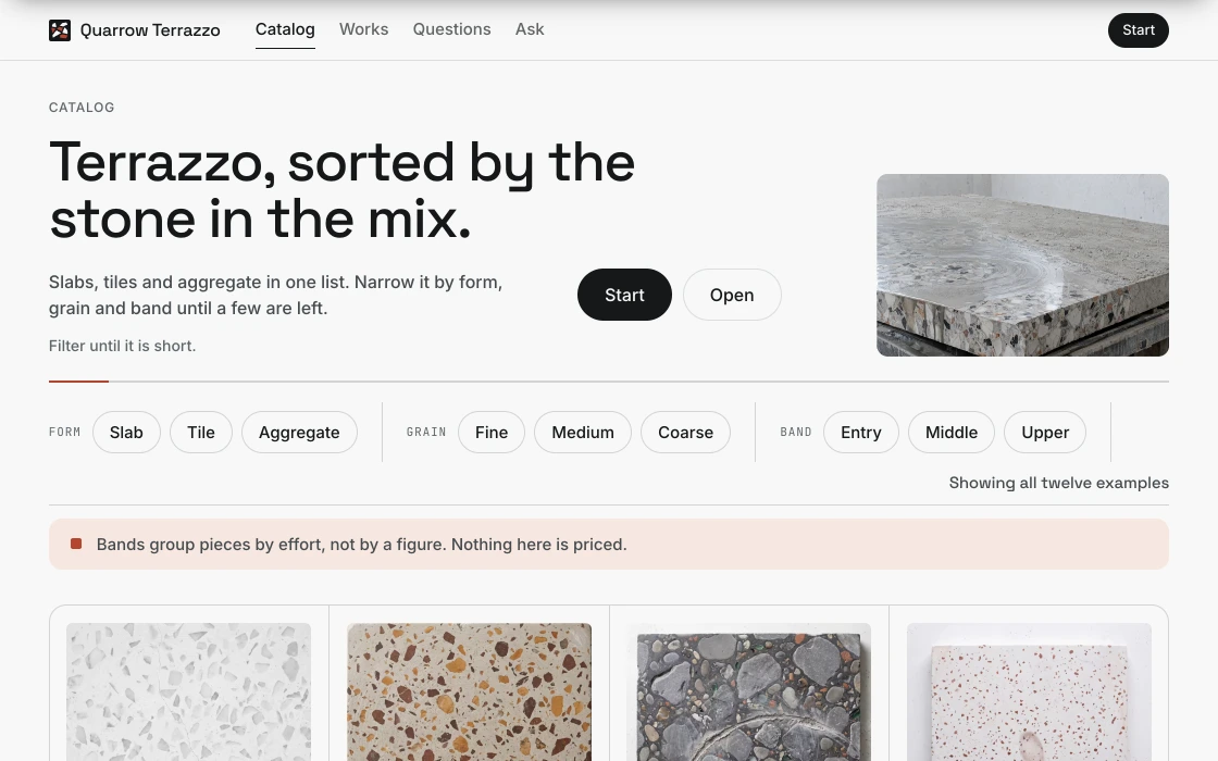 Example website for Quarrow Terrazzo, a catalog of slabs and tiles