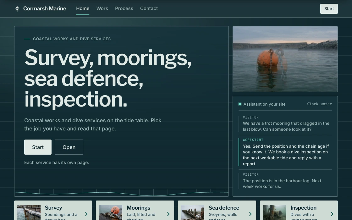 Example website for Cormarsh Marine, with its assistant answering a visitor