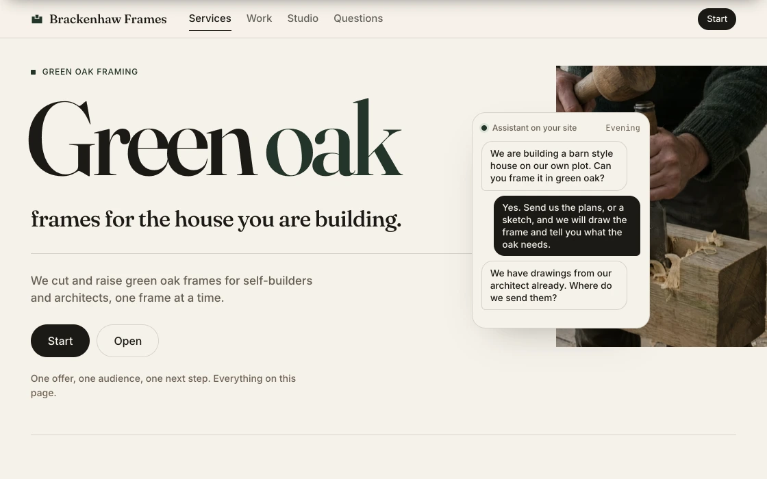 Example website for Brackenhaw Frames, a timber framer, with its assistant answering a visitor